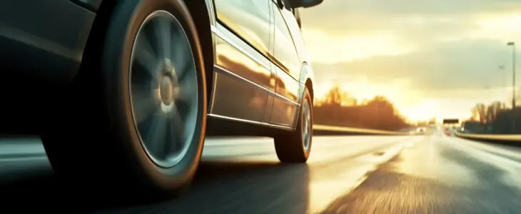 Car rushes along the highway at sunset , low angle side view