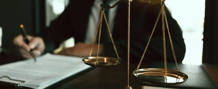 Man sitting at a desk next to the scales of justice in front of paperwork