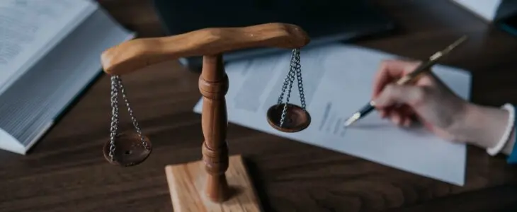 close up of scales of justice and a person signing a paper in the background